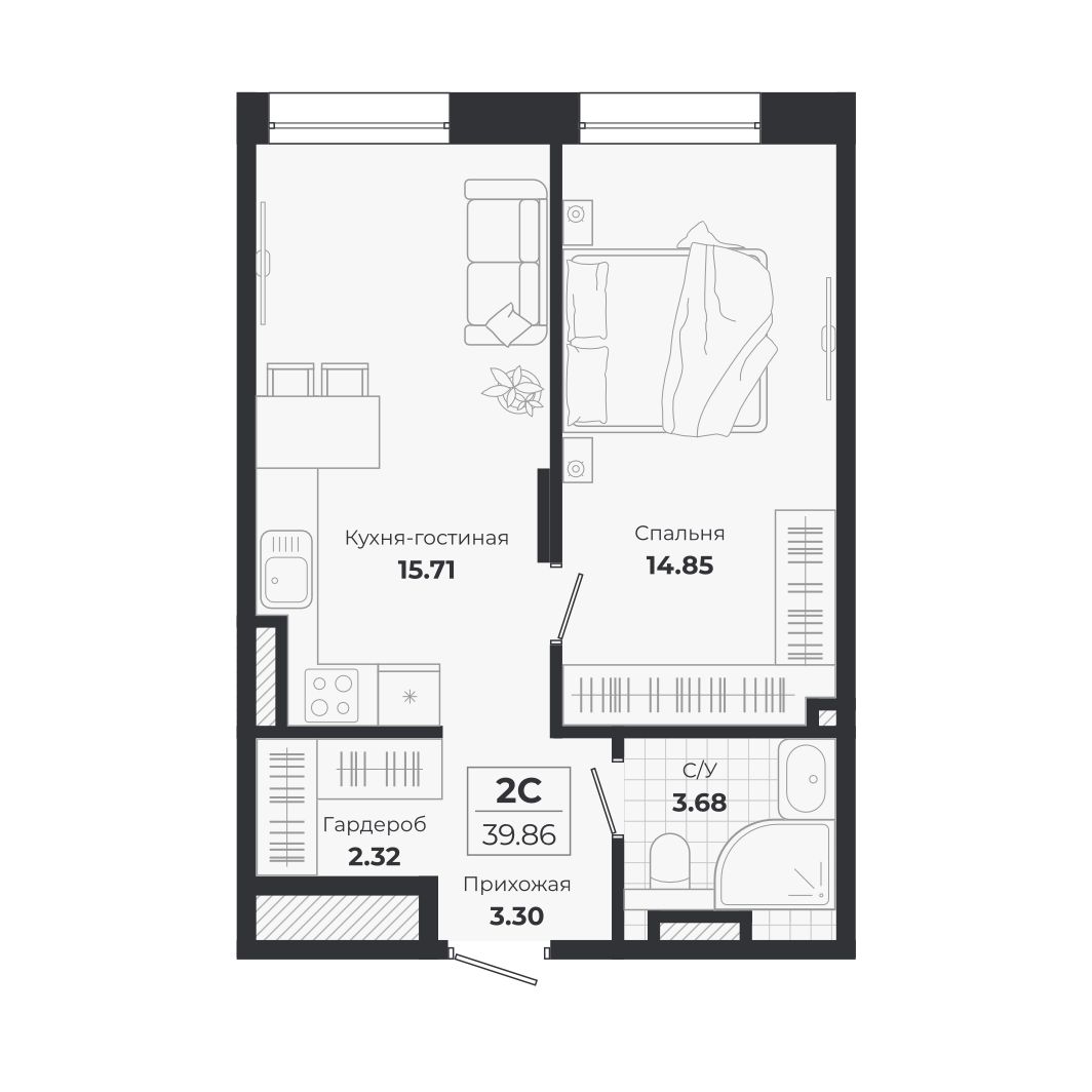 Планировка: 2-комнатная 39,86 м² в ЖК «Ясный берег»