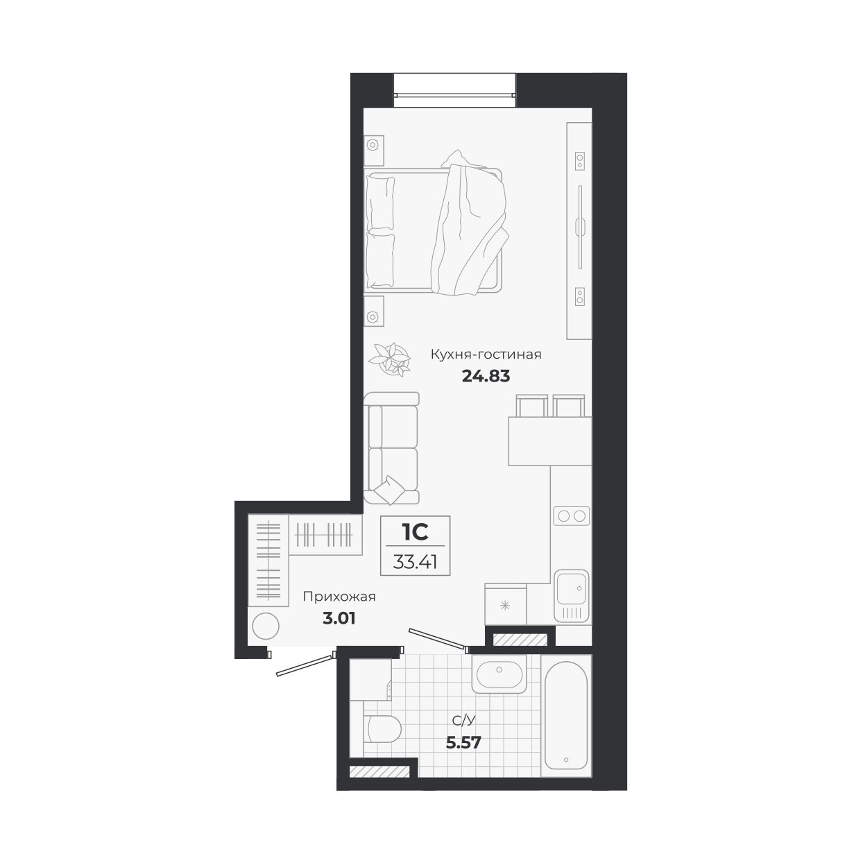 Планировка: Евро-1, 33,41 м²