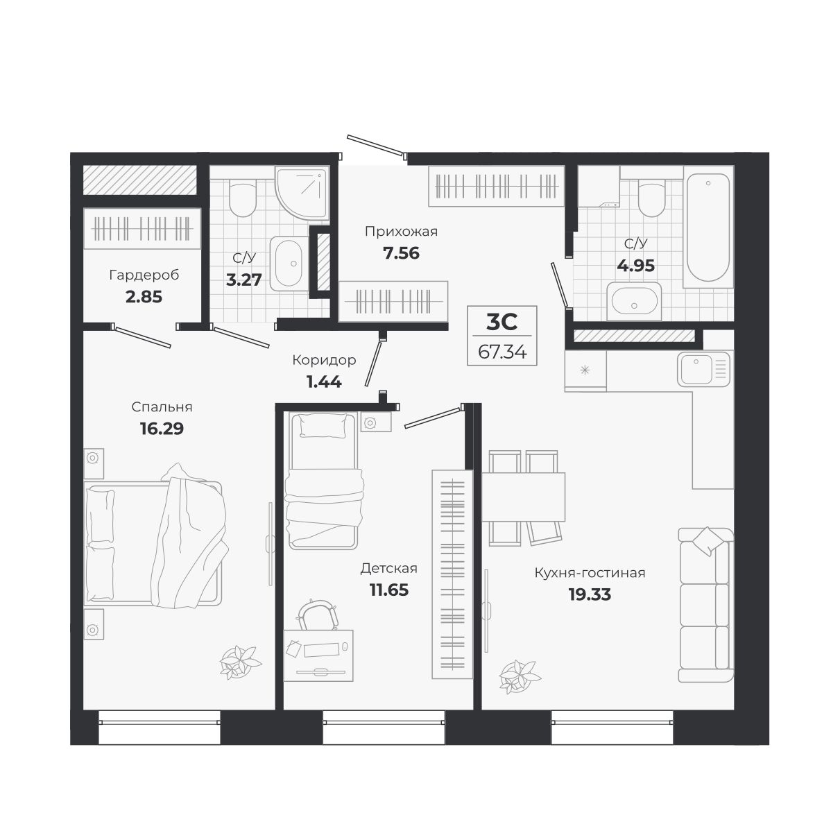Планировка: 3-комнатная 67,34 м² в ЖК «Ясный берег»