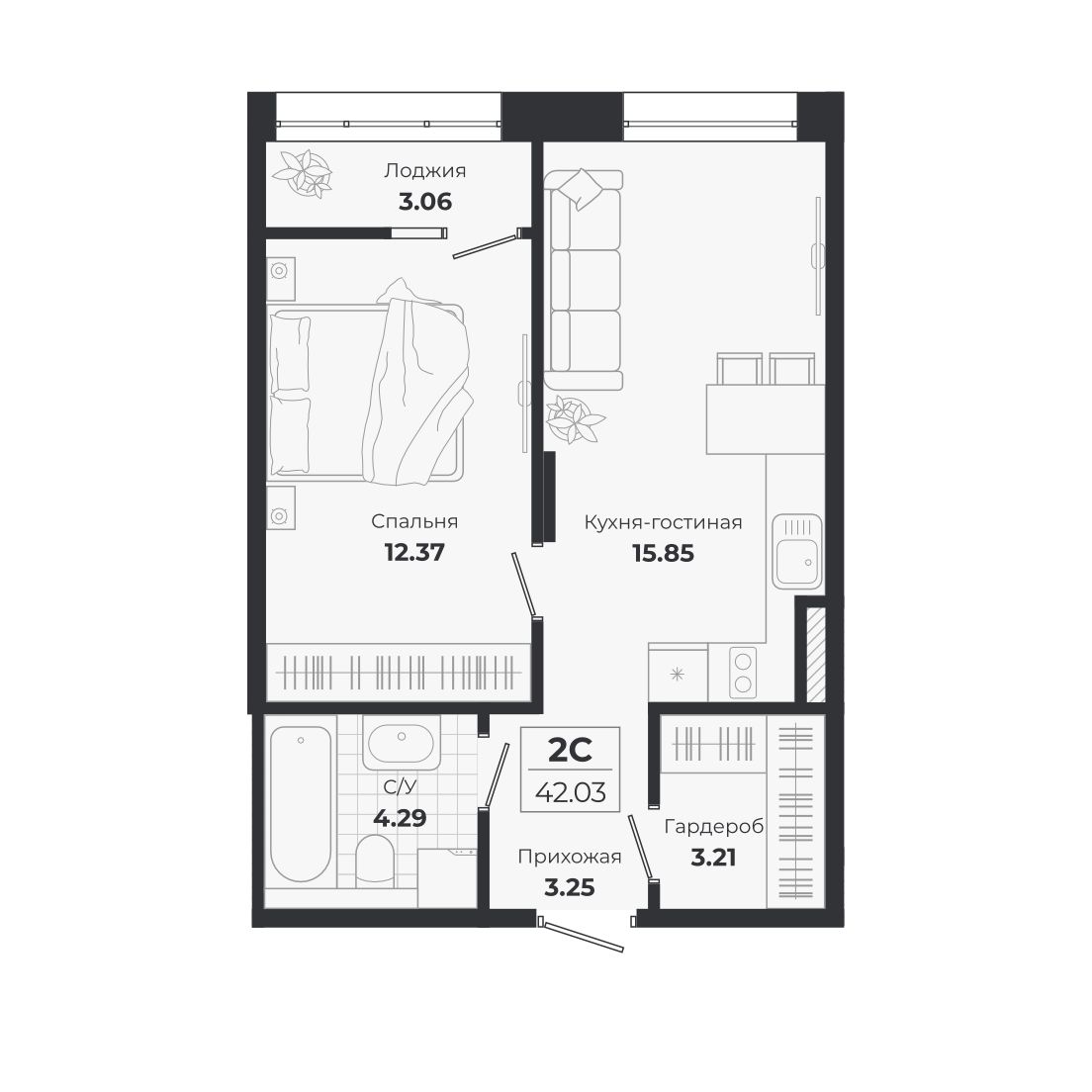 Планировка: 2-комнатная 38,97 м² в ЖК «Ясный берег»