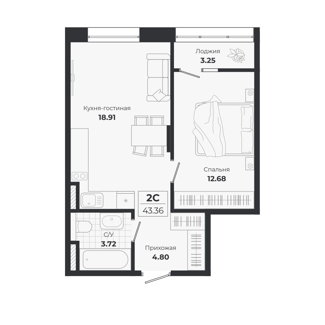 Планировка: 2-комнатная 40,11 м² в ЖК «Ясный берег»