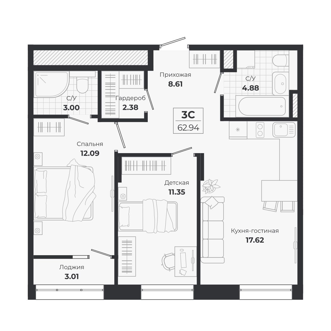 Планировка: 3-комнатная 59,93 м² в ЖК «Ясный берег»