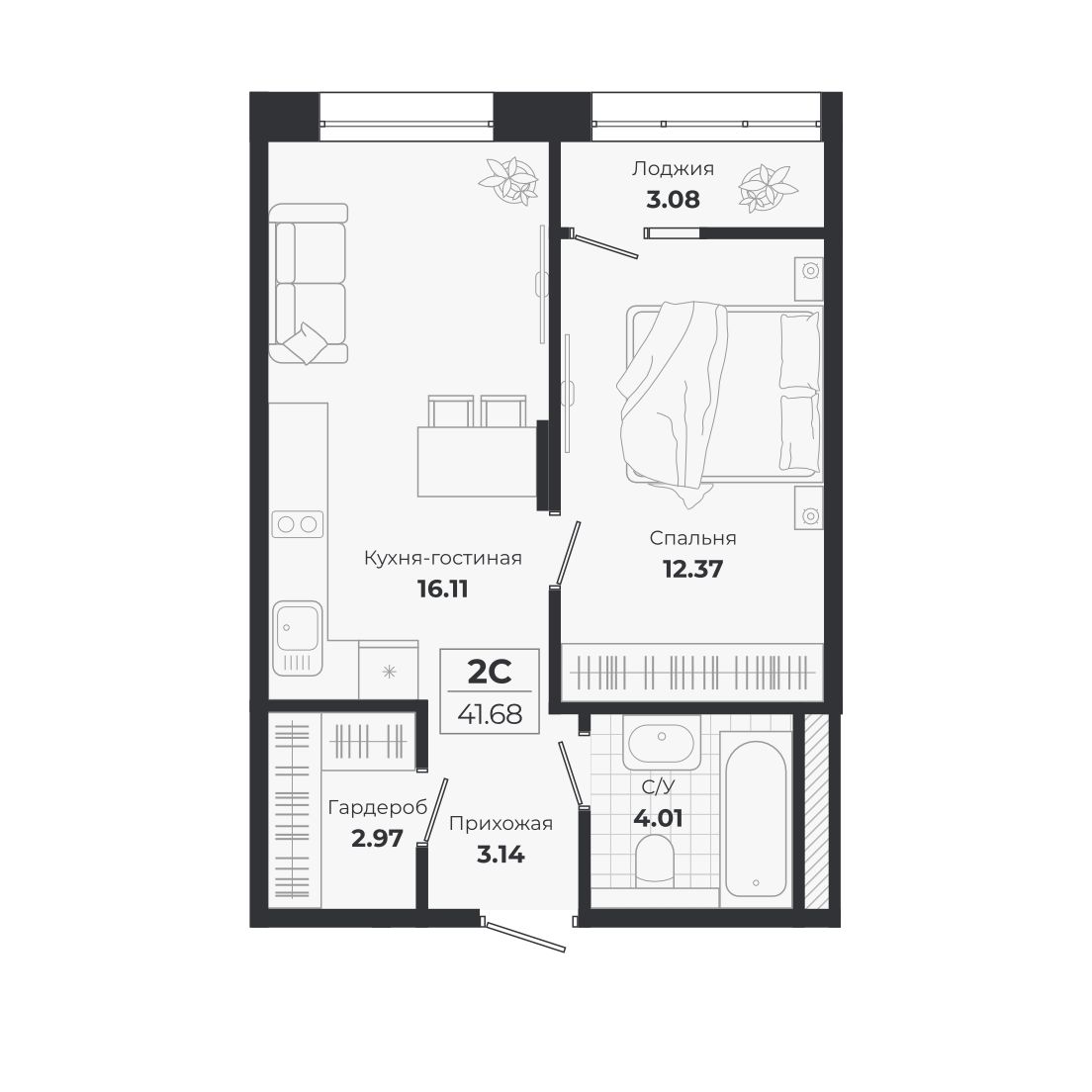 Планировка: 2-комнатная 38,6 м² в ЖК «Ясный берег»