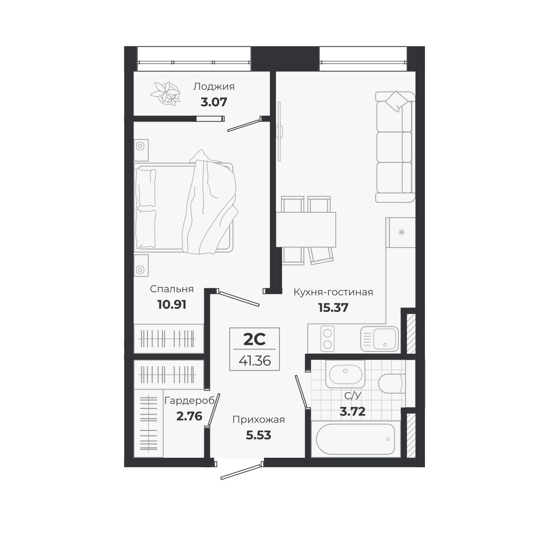 Планировка: 2-комнатная 38,29 м² в ЖК «Ясный берег»
