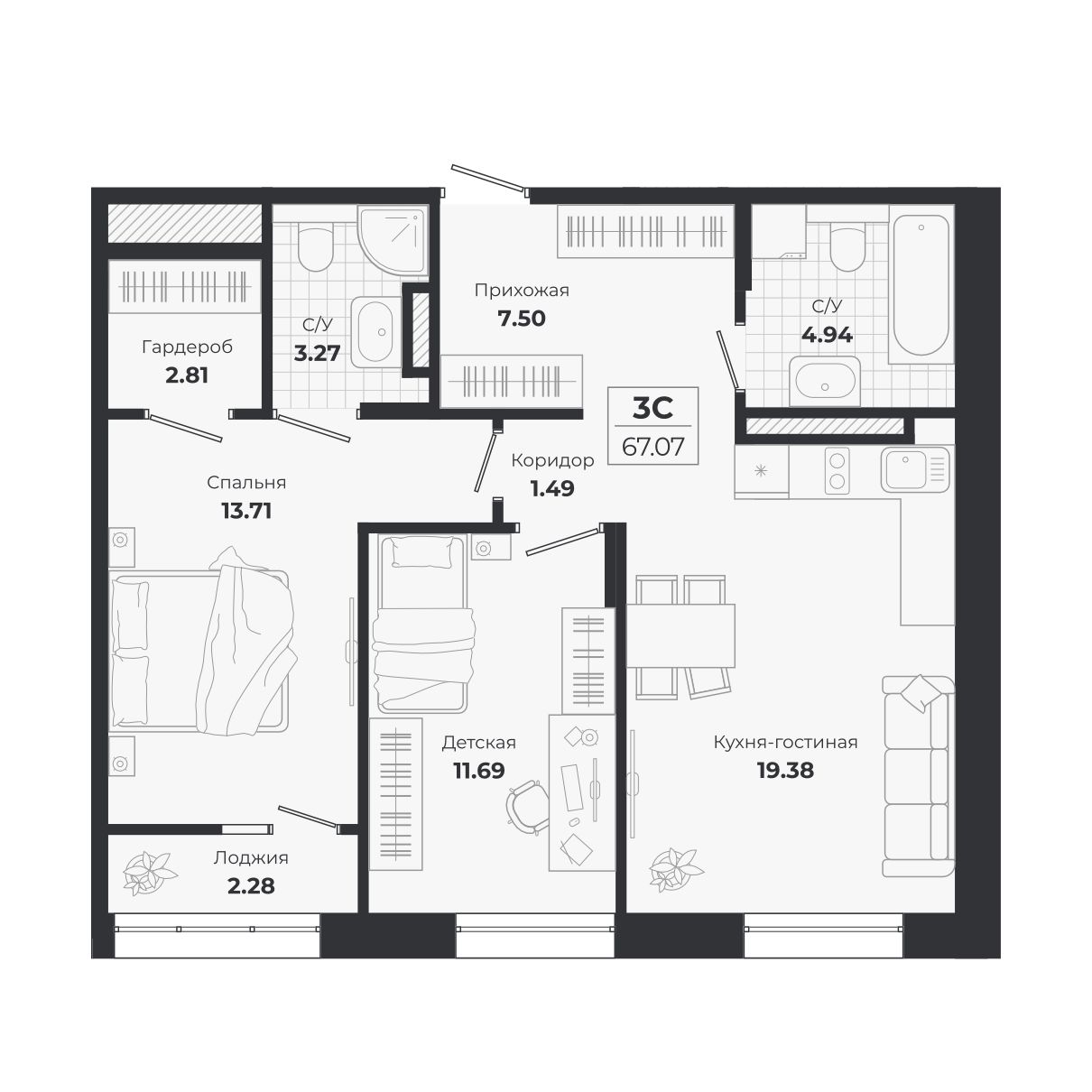 Планировка: 3-комнатная 64,79 м² в ЖК «Ясный берег»