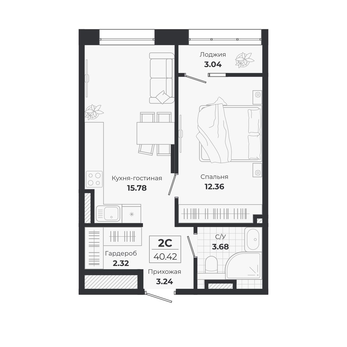 Планировка: 2-комнатная 37,38 м² в ЖК «Ясный берег»