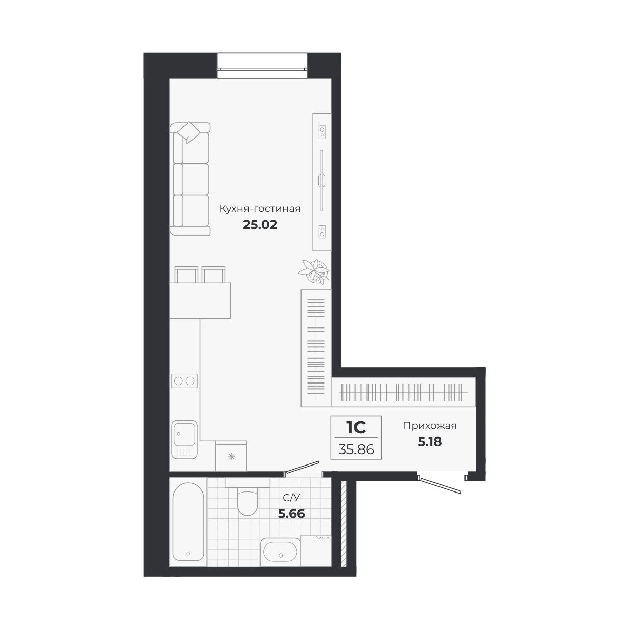 Планировка: Евро-1, 35,86 м²