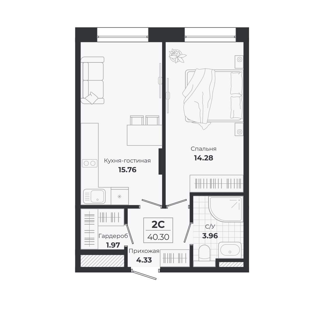 Планировка: 2-комнатная 40,3 м² в ЖК «Ясный берег»