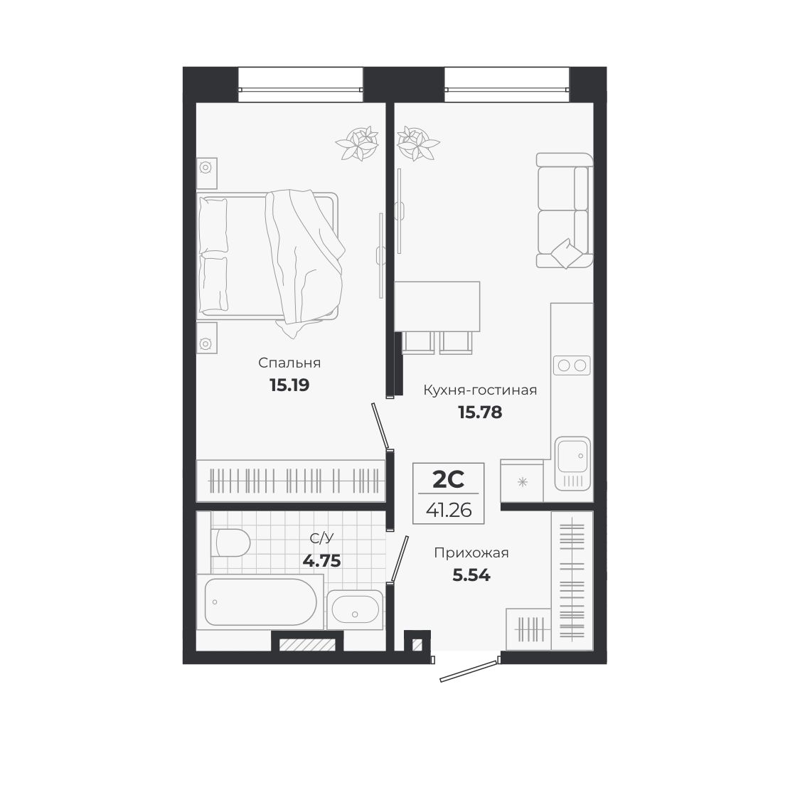 Планировка: 2-комнатная 41,26 м² в ЖК «Ясный берег»