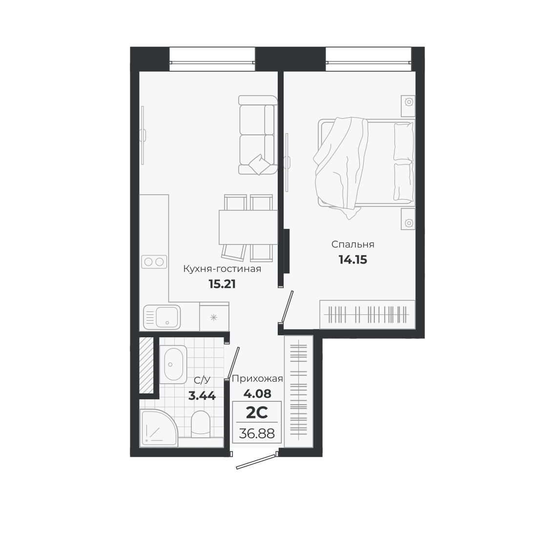Планировка: 2-комнатная 36,88 м² в ЖК «Ясный берег»