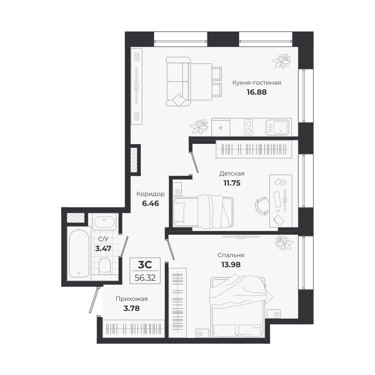 Планировка: 3-комнатная 56,32 м² в ЖК «Ясный берег»