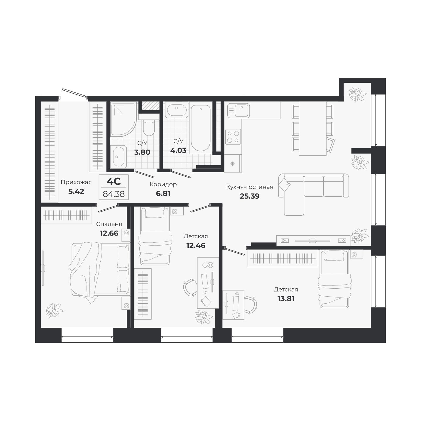 Планировка: 4-комнатная 84,38 м² в ЖК «Ясный берег»