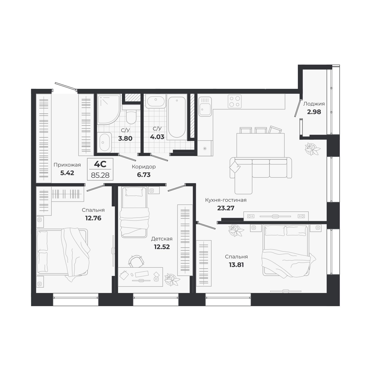 Планировка: 4-комнатная 82,3 м² в ЖК «Ясный берег»