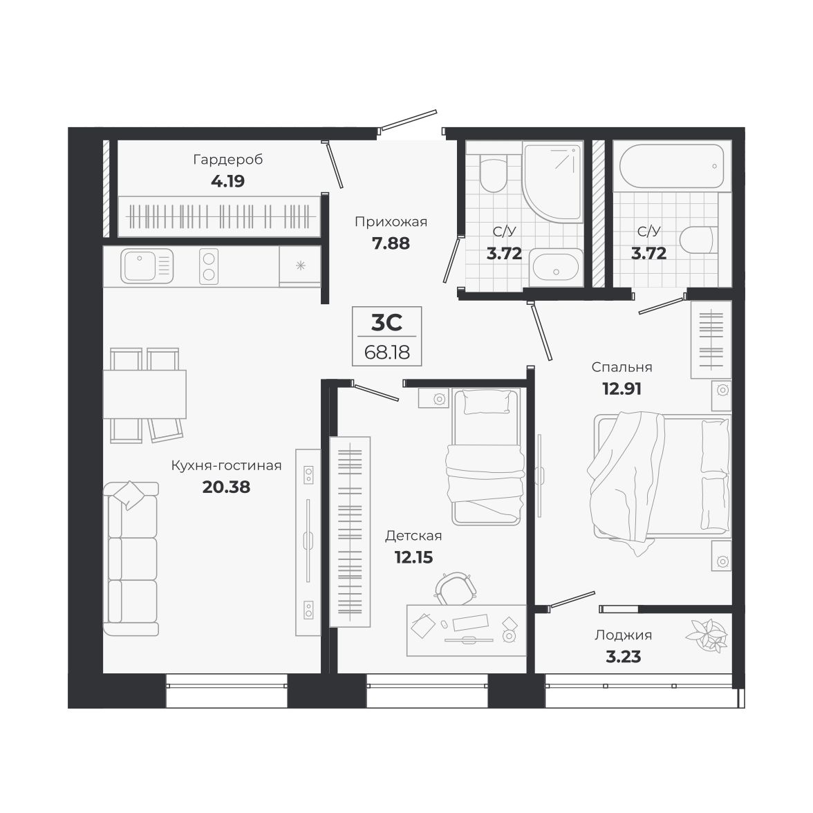 Планировка: 3-комнатная 64,95 м² в ЖК «Ясный берег»
