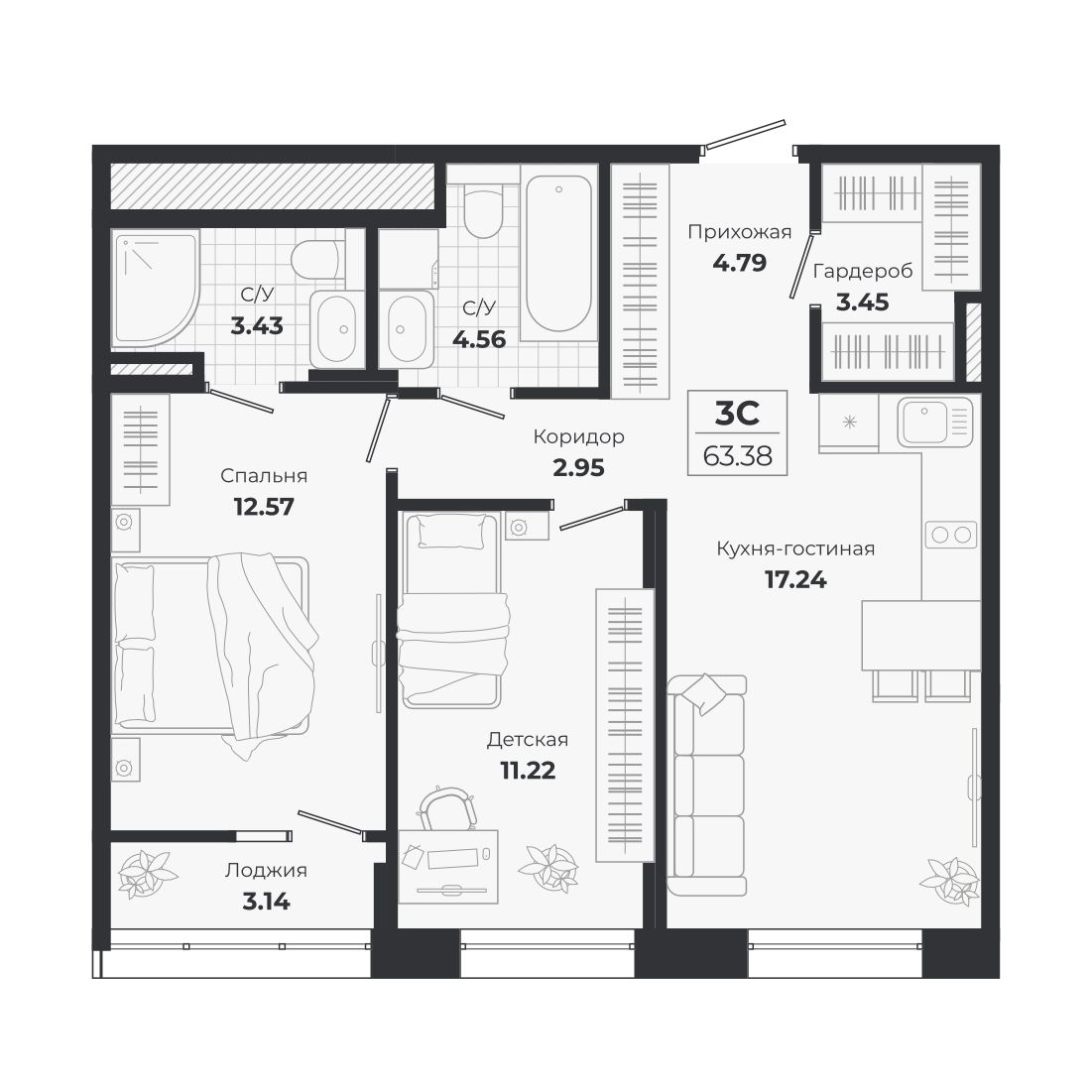 Планировка: 3-комнатная 60,24 м² в ЖК «Ясный берег»