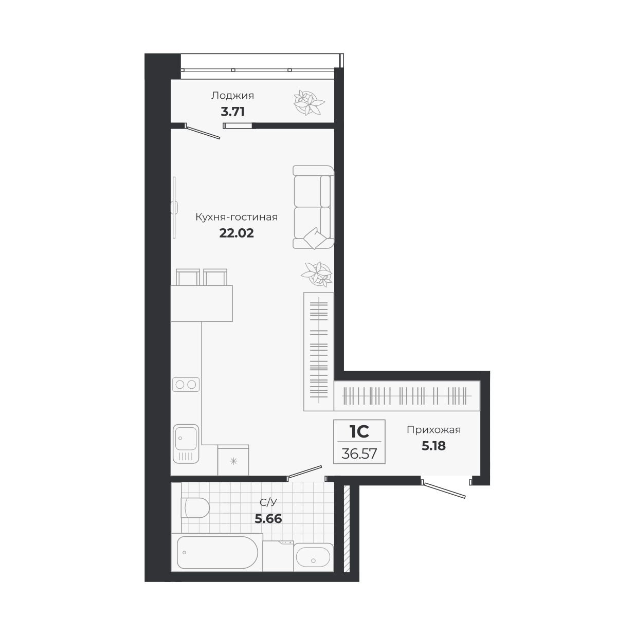 Планировка: Евро-1, 32,86 м²