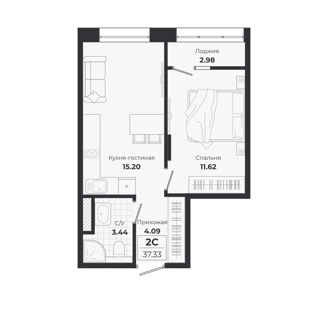 Планировка: 2-комнатная 34,35 м² в ЖК «Ясный берег»
