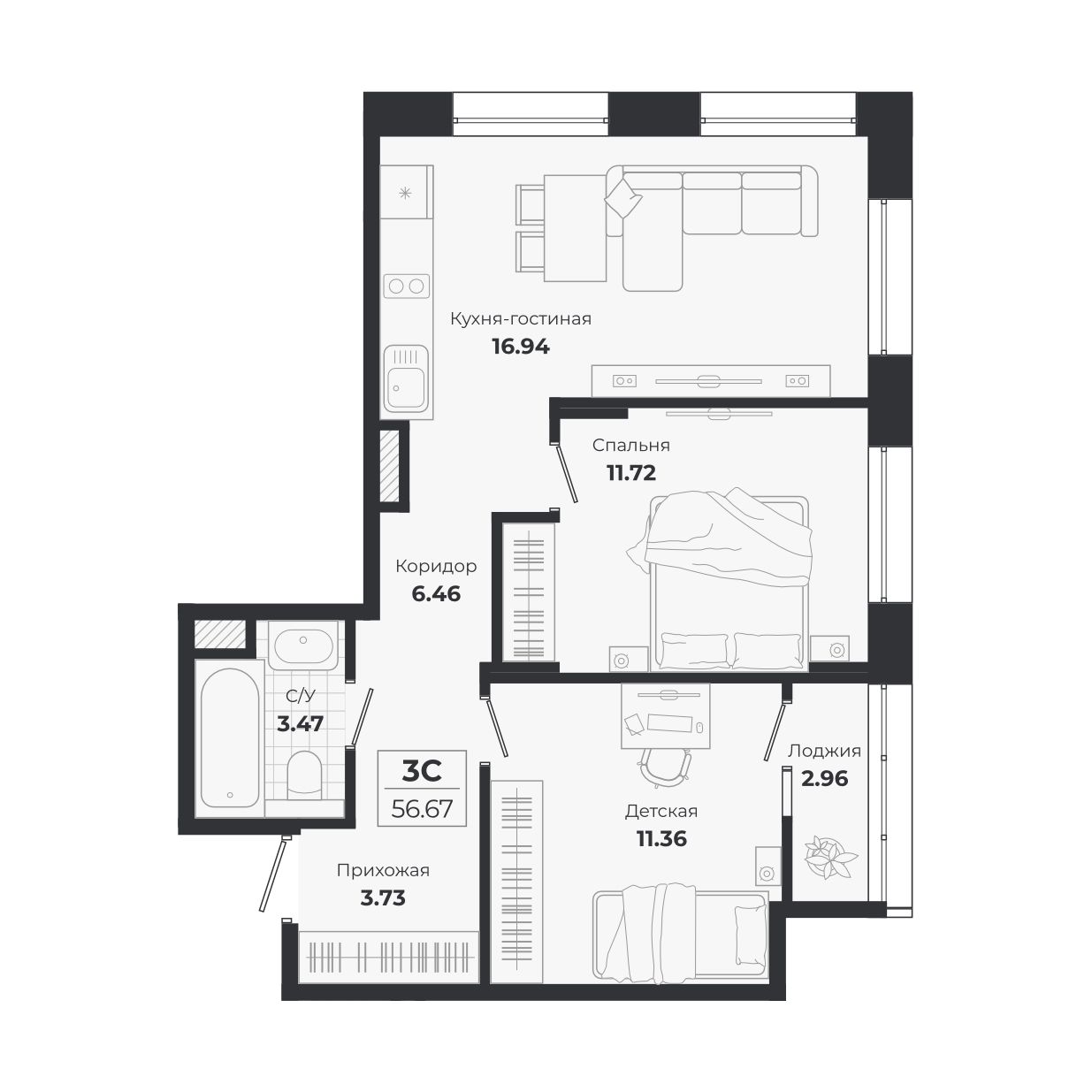 Планировка: 3-комнатная 53,71 м² в ЖК «Ясный берег»