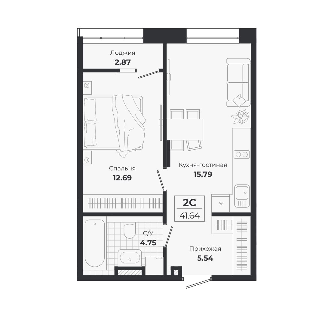 Планировка: 2-комнатная 38,77 м² в ЖК «Ясный берег»