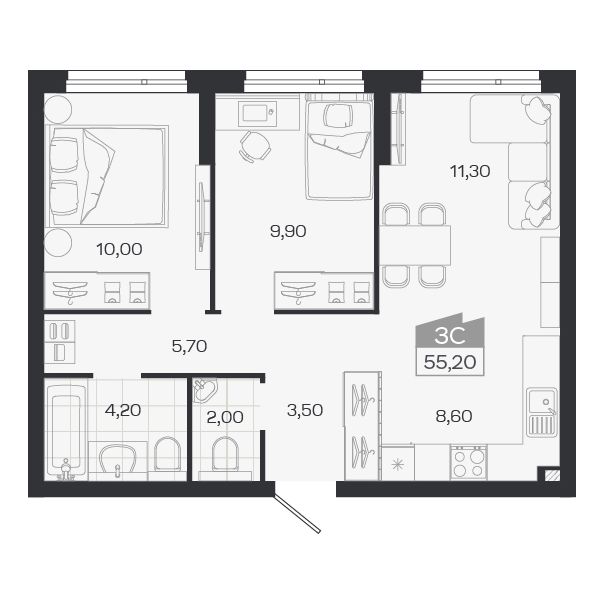 Планировка: 3-комнатная 55,2 м² в ЖК «Ясный берег»