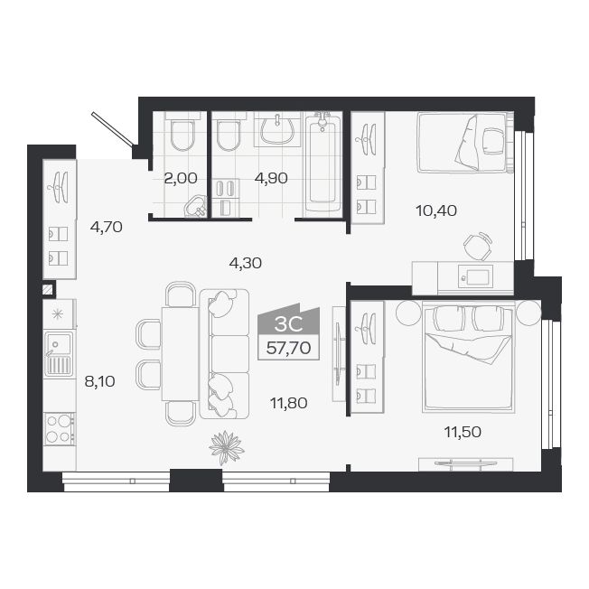 Планировка: 3-комнатная 57,7 м² в ЖК «Ясный берег»