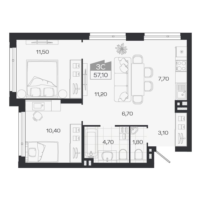 Планировка: 3-комнатная 57,1 м² в ЖК «Ясный берег»