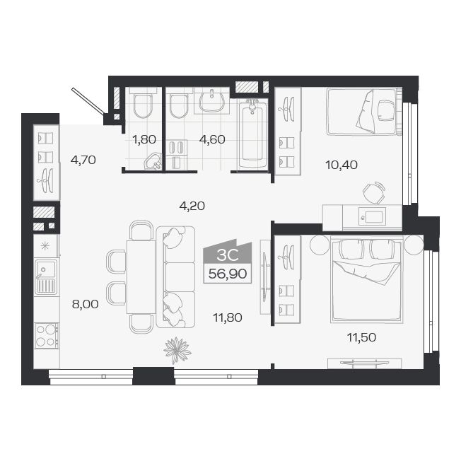 Планировка: 3-комнатная 56,9 м² в ЖК «Ясный берег»