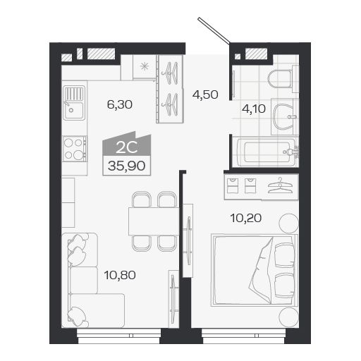 Планировка: Евро-2, 35,9 м²