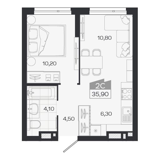 Планировка: Евро-2, 35,9 м²