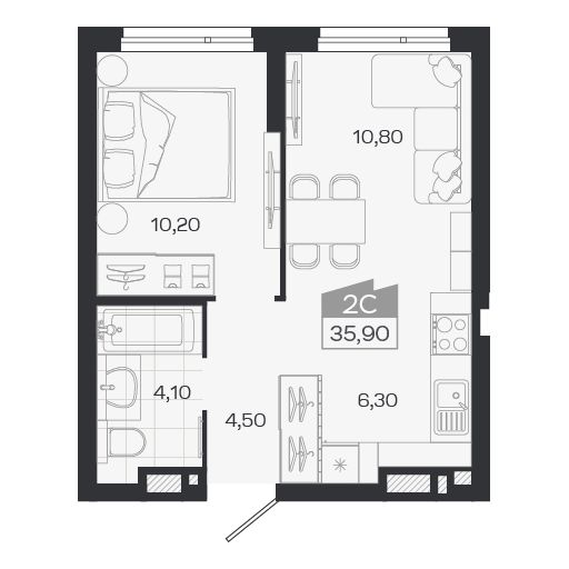 Планировка: Евро-2, 35,9 м²