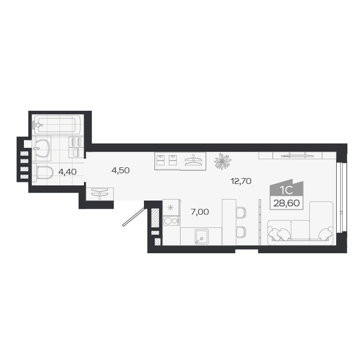 Планировка: Евро-1, 28,6 м²