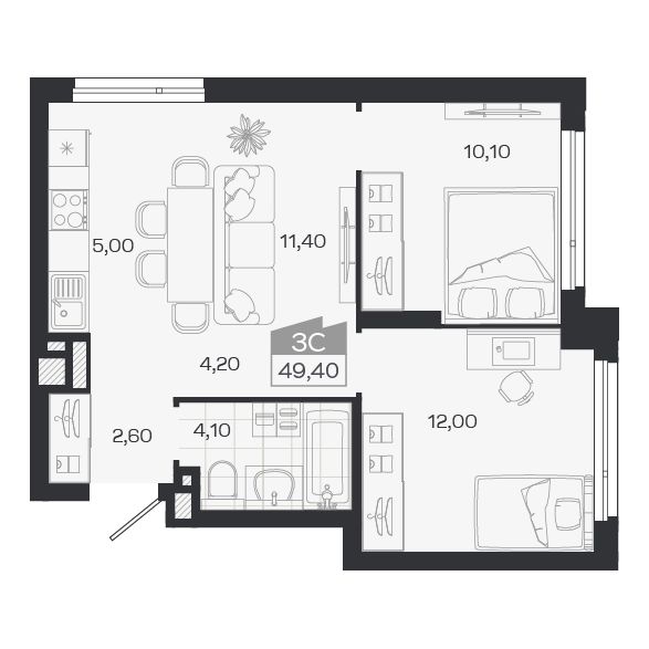 Планировка: 3-комнатная 49,4 м² в ЖК «Ясный берег»