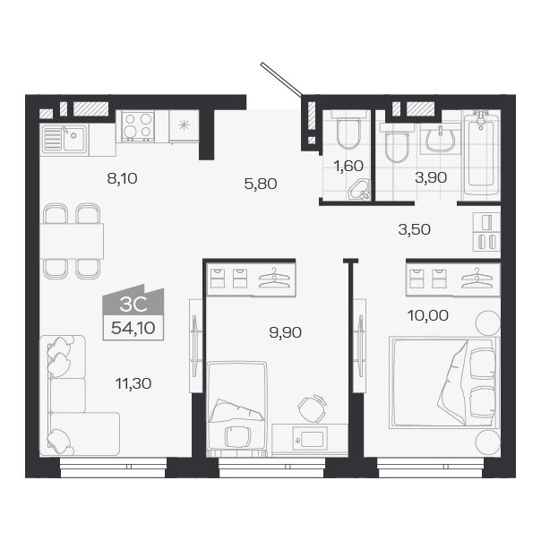 Планировка: 3-комнатная 54,1 м² в ЖК «Ясный берег»
