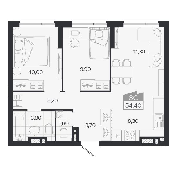 Планировка: 3-комнатная 54,4 м² в ЖК «Ясный берег»