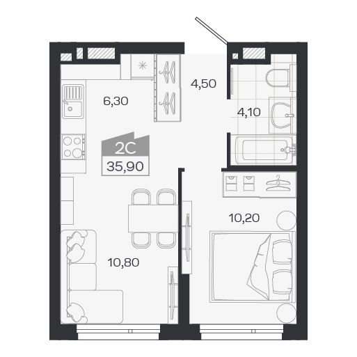 Планировка: Евро-2, 35,9 м²