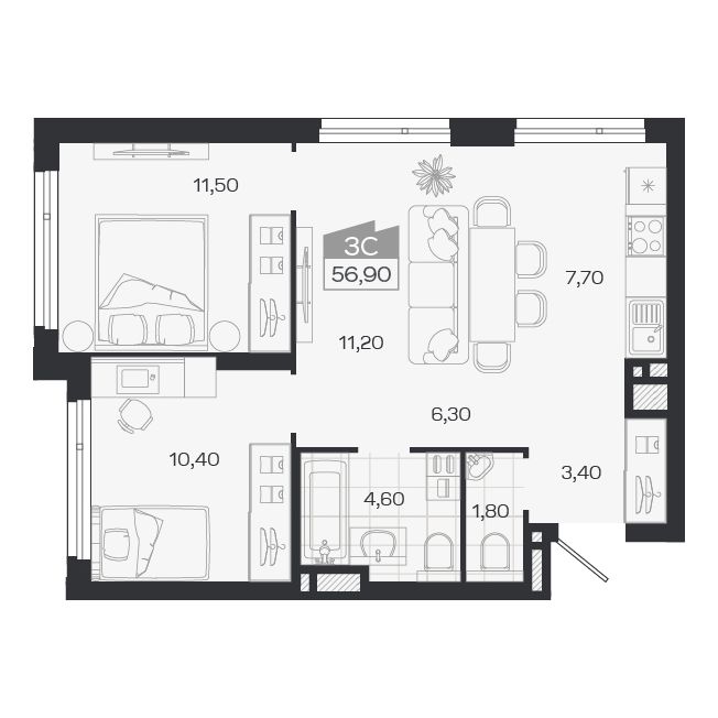 Планировка: 3-комнатная 56,9 м² в ЖК «Ясный берег»