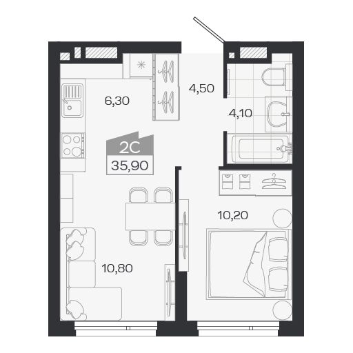 Планировка: Евро-2, 35,9 м²