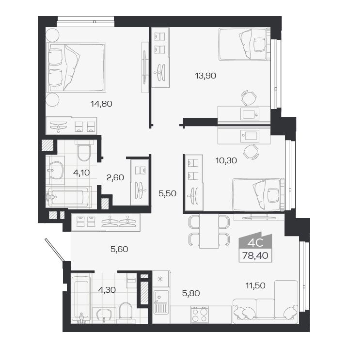 Планировка: 4-комнатная 78,4 м² в ЖК «Ясный берег»