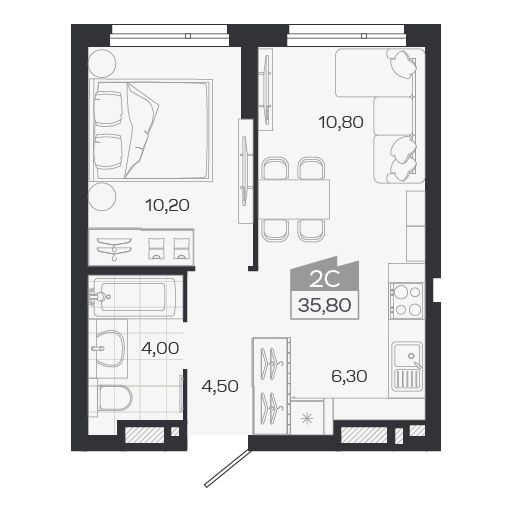Планировка: Евро-2, 35,8 м²