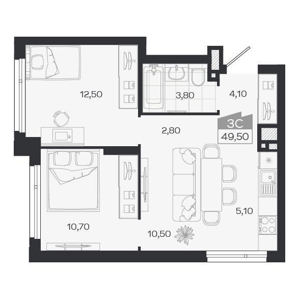 Планировка: 3-комнатная 49,5 м² в ЖК «Ясный берег»