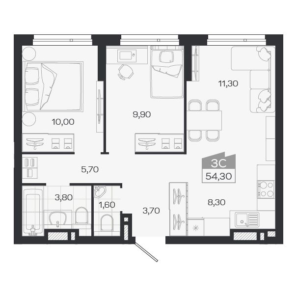 Планировка: 3-комнатная 54,3 м² в ЖК «Ясный берег»