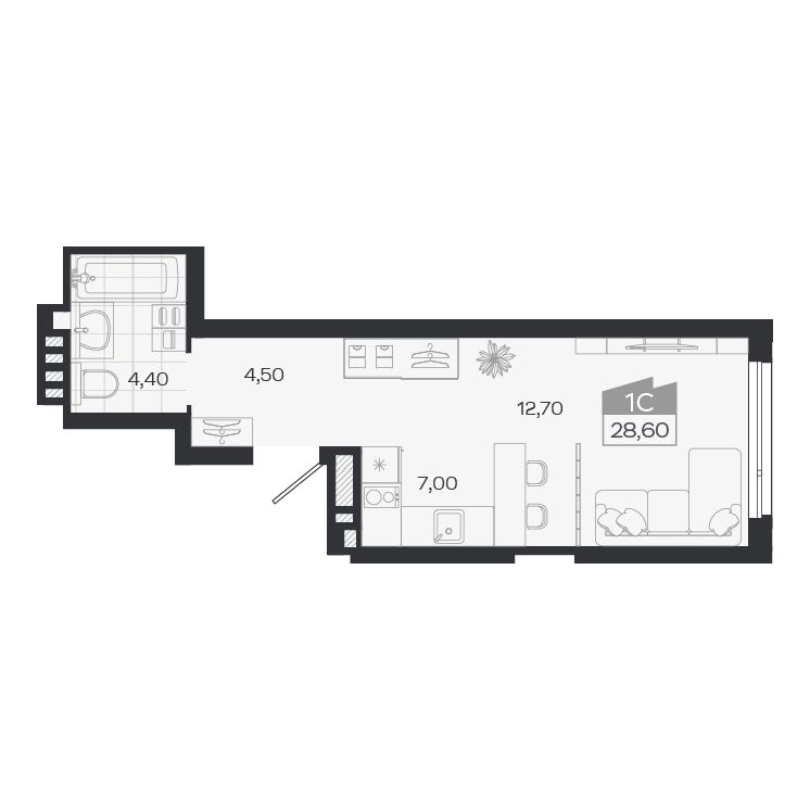 Планировка: Евро-1, 28,6 м²
