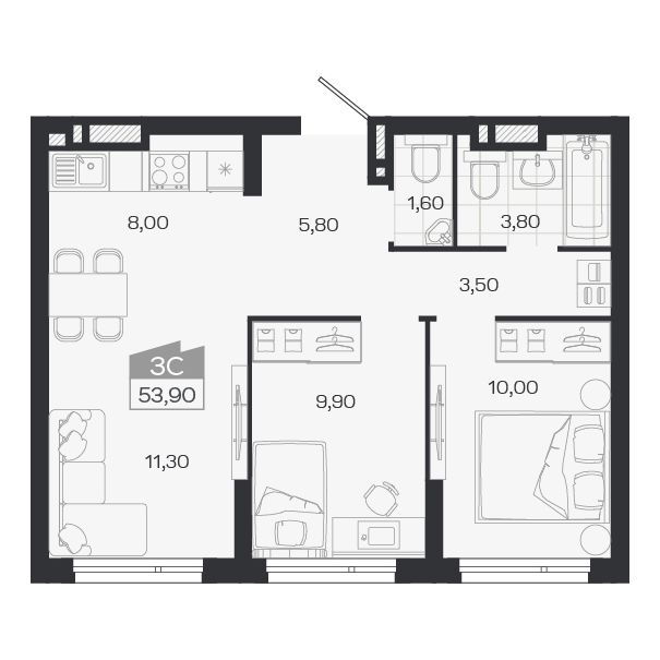 Планировка: 3-комнатная 53,9 м² в ЖК «Ясный берег»