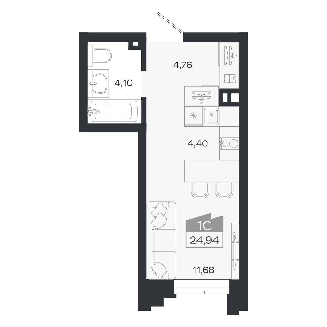 Планировка: Евро-1, 24,94 м²