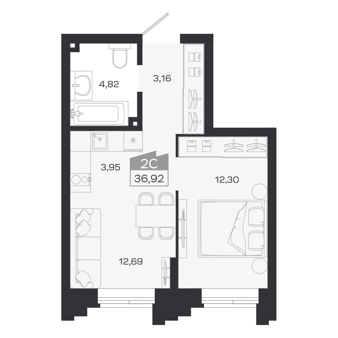 Планировка: Евро-2, 36,92 м²