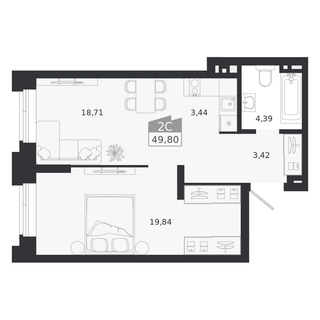 Планировка: 2-комнатная 49,8 м² в ЖК «Ясный берег»
