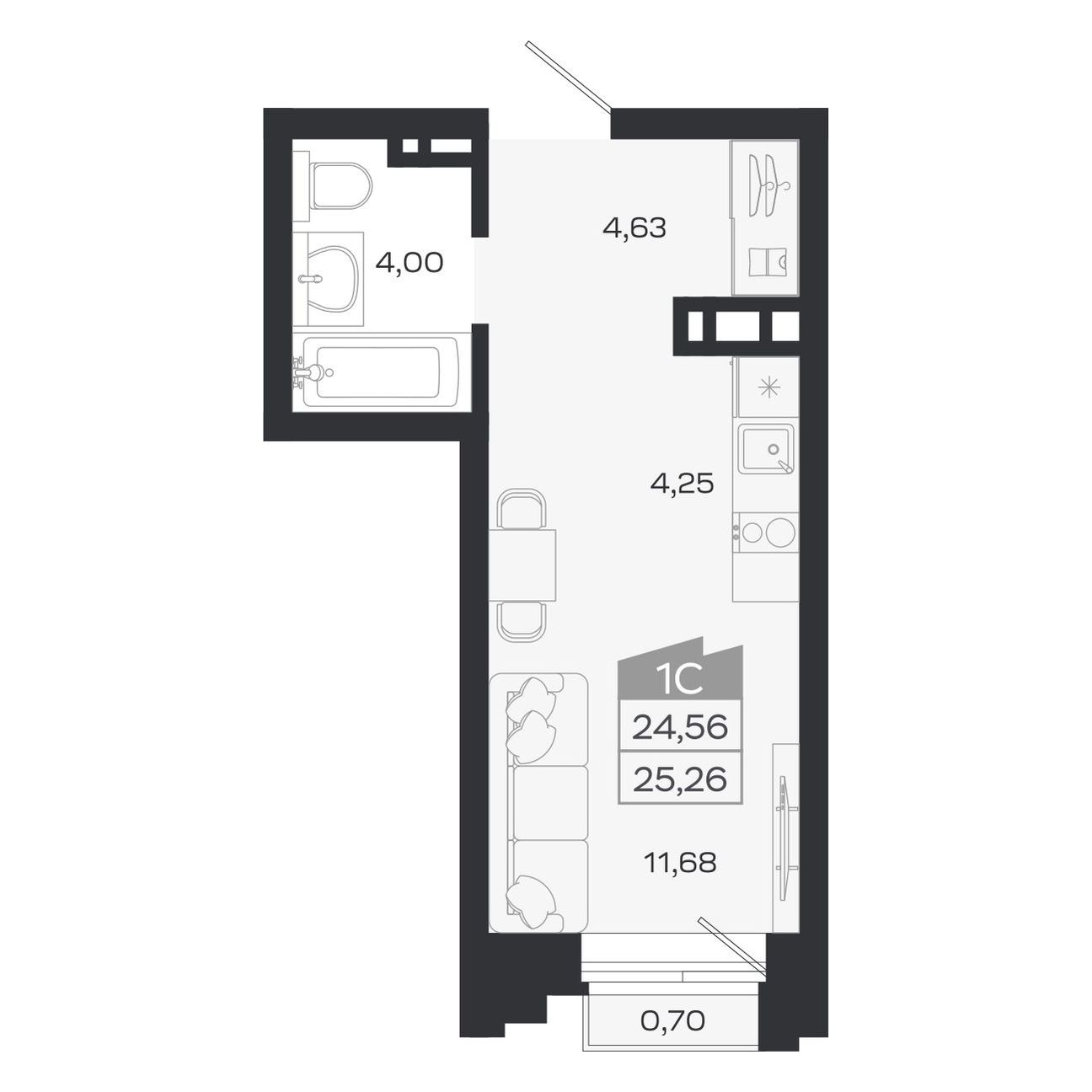 Планировка: Евро-1, 24,56 м²