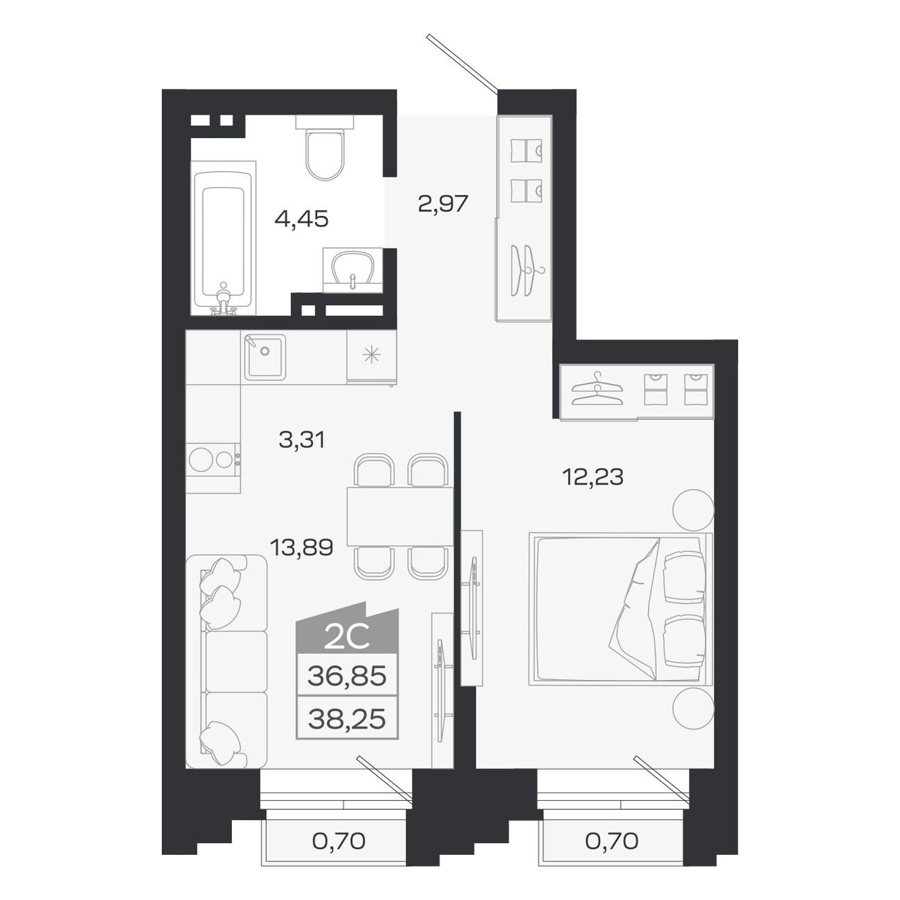 Планировка: Евро-2, 36,85 м²