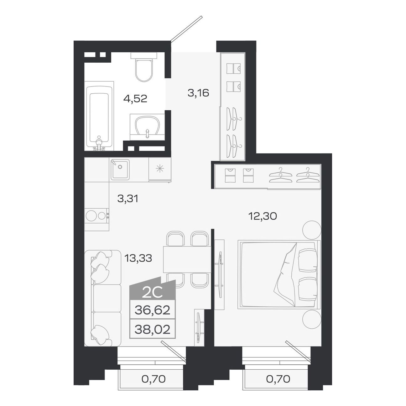 Планировка: Евро-2, 36,62 м²