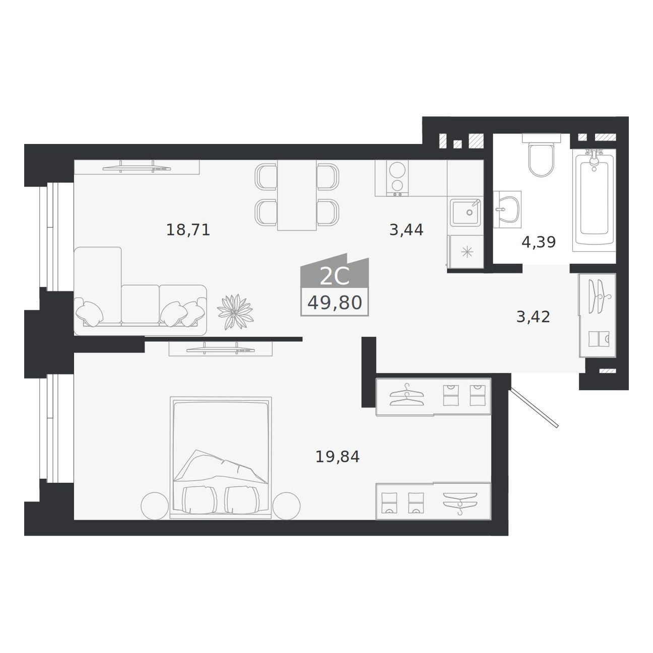 Планировка: 2-комнатная 49,8 м² в ЖК «Ясный берег»
